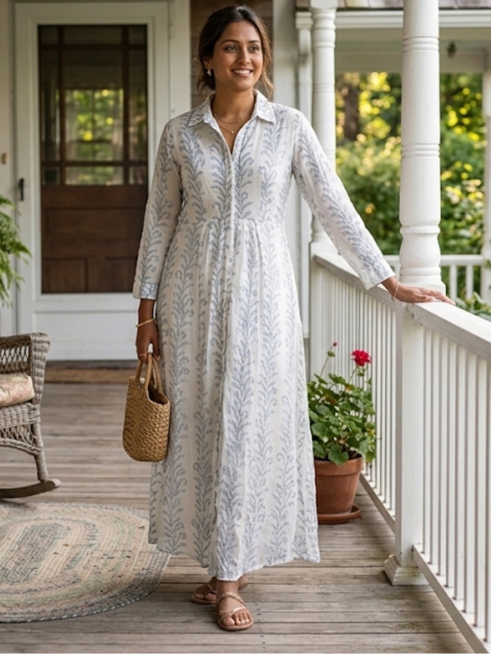 Julia Amory Shirt Dress Cotton Block Print White Blue Floral Size M
